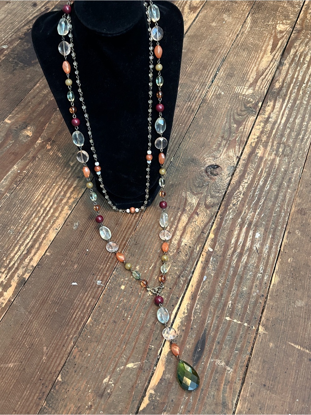 Vtg Multi-Color Multi-Strand Long Beaded Necklace with Faux Crystal